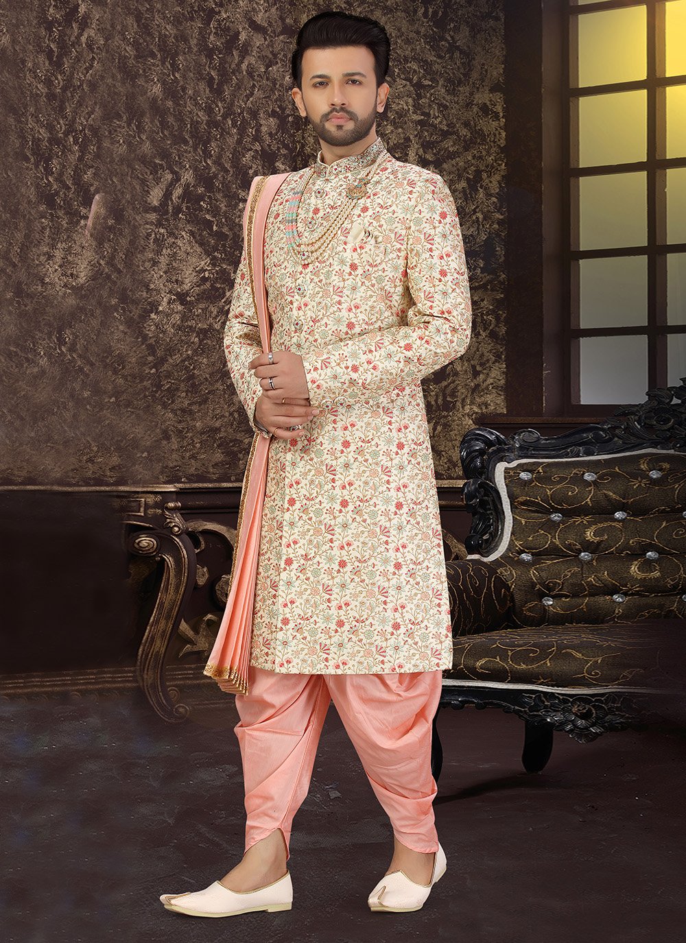 Buy Online Art Silk Embroidered Sherwani in Off White 197165