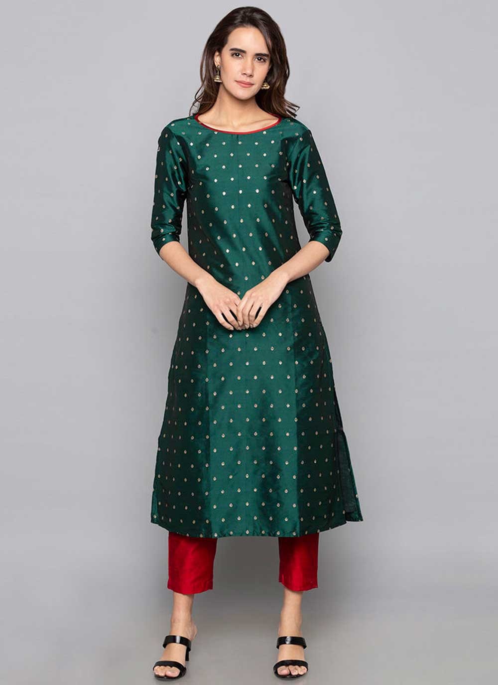 Beautiful Aqua Green Colour Cotton Kurti With Kashmiri Motifs