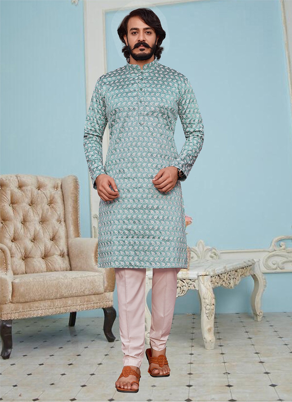 Art Silk Lucknowi work Kurta Pyjama in Blue