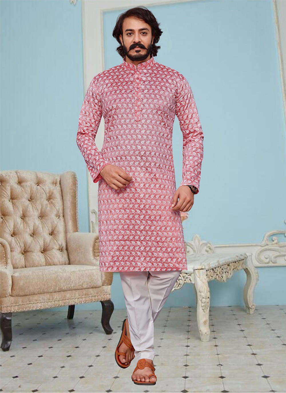 Art Silk Lucknowi work Kurta Pyjama in Pink