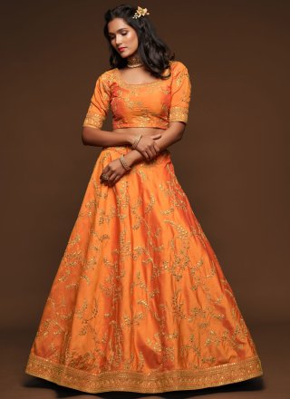 Art Silk Orange Sequins Lehenga Choli