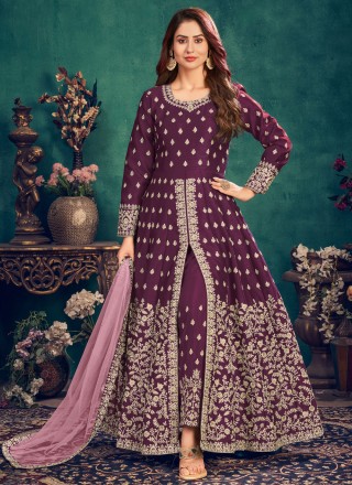 Art Silk Resham Wine Designer Floor Length Suit