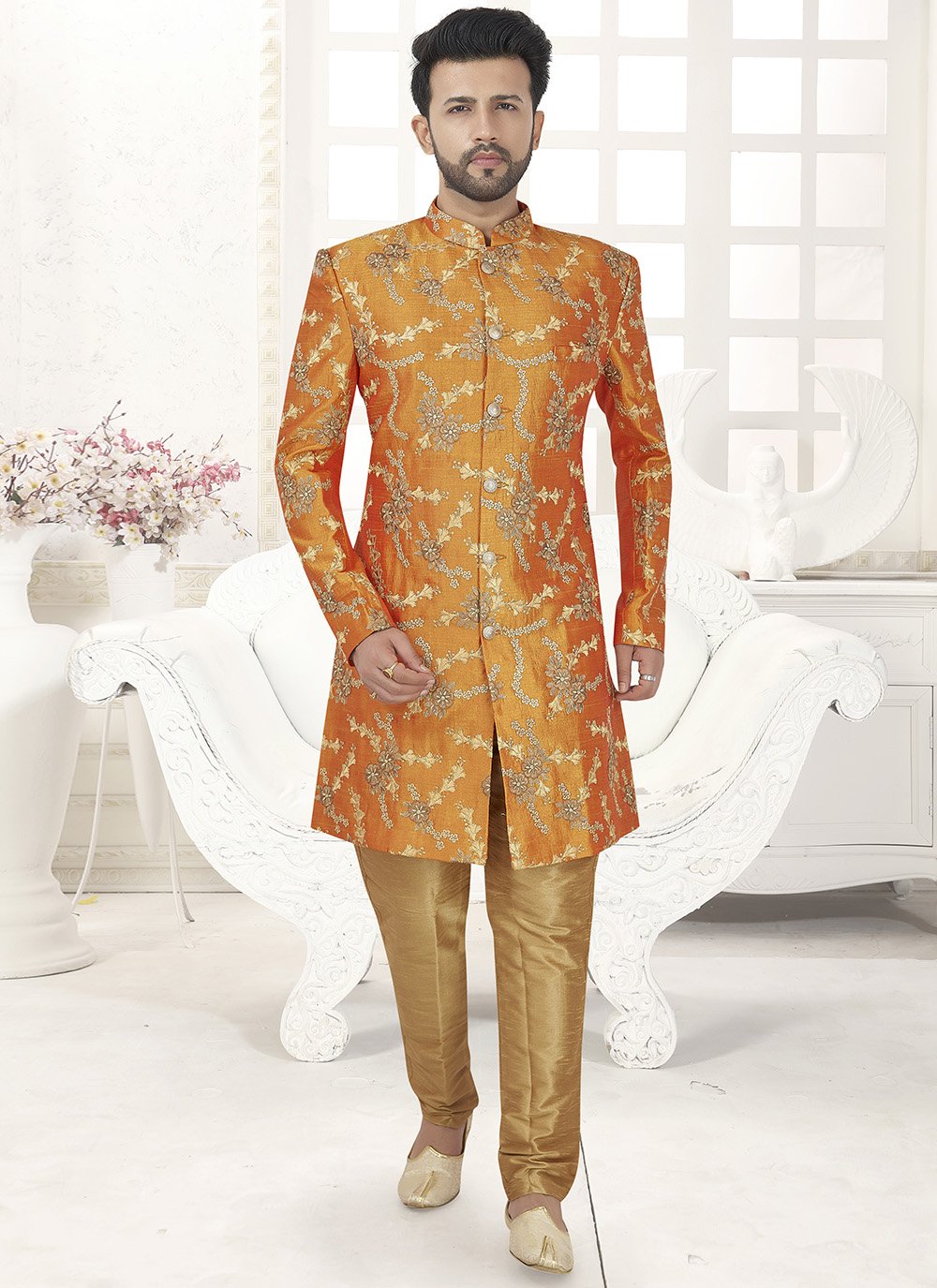 Art Silk Sherwani in Orange