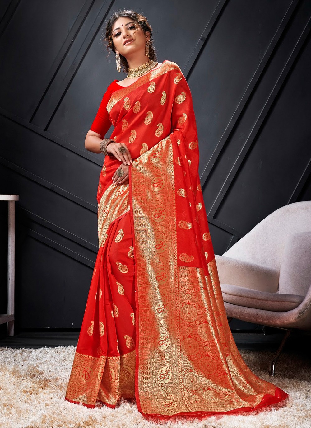 Art Silk Woven Traditional Designer Saree in Red