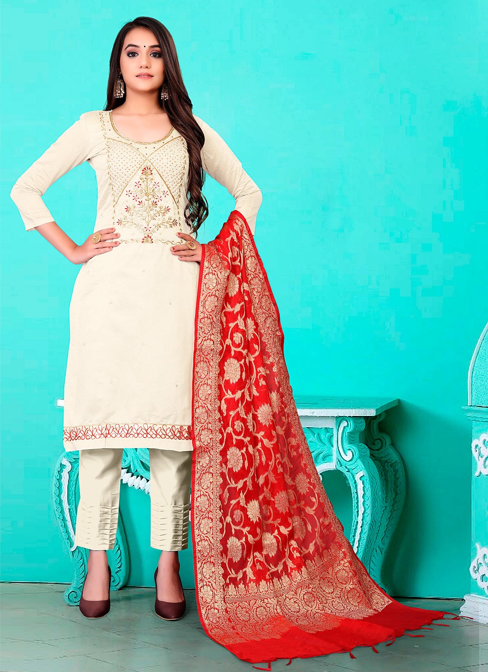 Banarasi Jacquard Fancy Pant Style Suit in Off White
