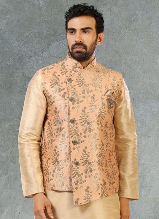 Banarasi Silk Beige and Peach Kurta Payjama With Jacket