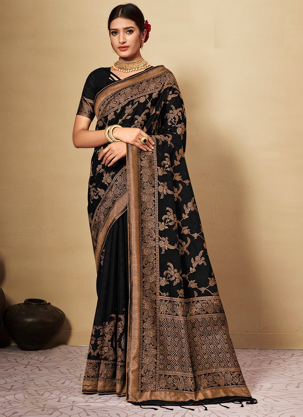 Banarasi Silk Saree Black Colour At 50% Off - Bella-Signora