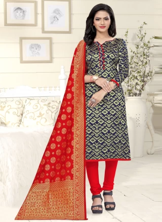 Banarasi Silk Blue Weaving Churidar Designer Suit