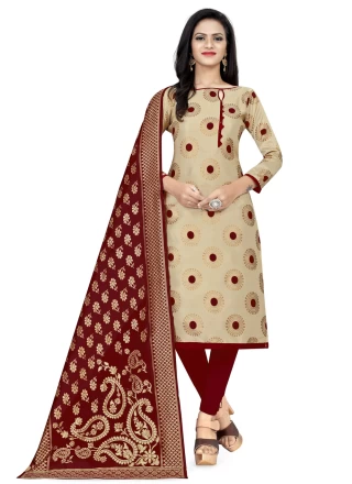 Banarasi Silk Churidar Designer Suit in Beige