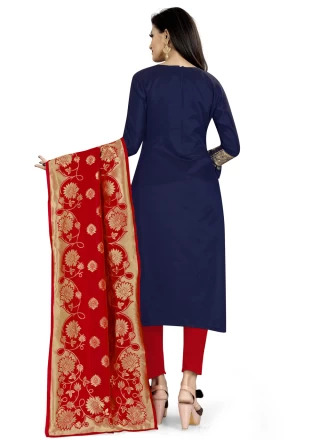 Banarasi Silk Churidar Designer Suit in Navy Blue