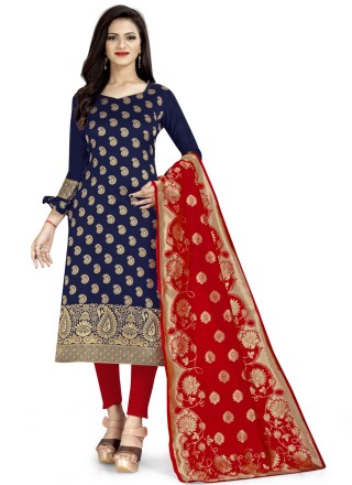 Shop Online Weaving Cotton Silk Churidar Salwar Suit in Navy Blue and Red :  213837 - Salwar Kameez