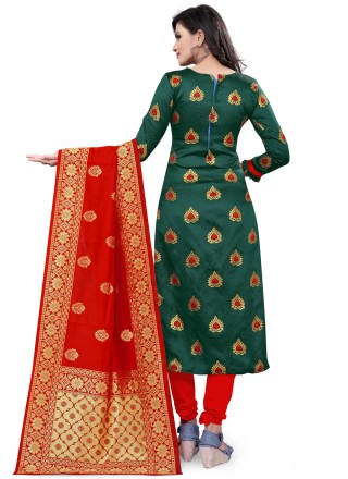 Banarasi Silk Churidar Salwar Suit in Green