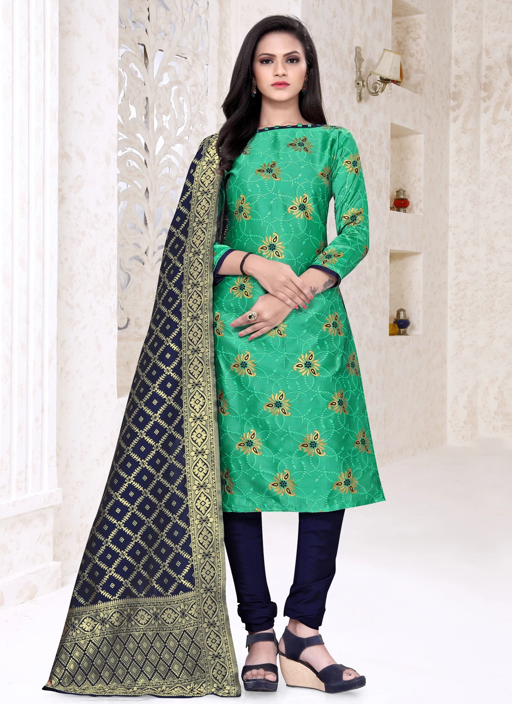 Banarasi Silk Churidar Suit in Green