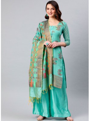 Banarasi Silk Designer Palazzo Suit in Aqua Blue