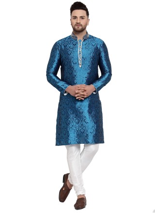 Banarasi Silk Embroidered Blue Kurta Pyjama