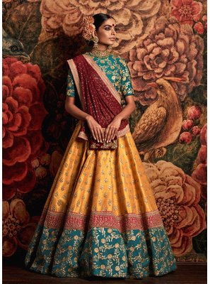 Banarasi Silk Embroidered Teal and Yellow A Line Lehenga Choli