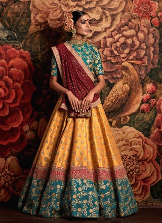 Banarasi Silk Embroidered Teal and Yellow A Line Lehenga Choli