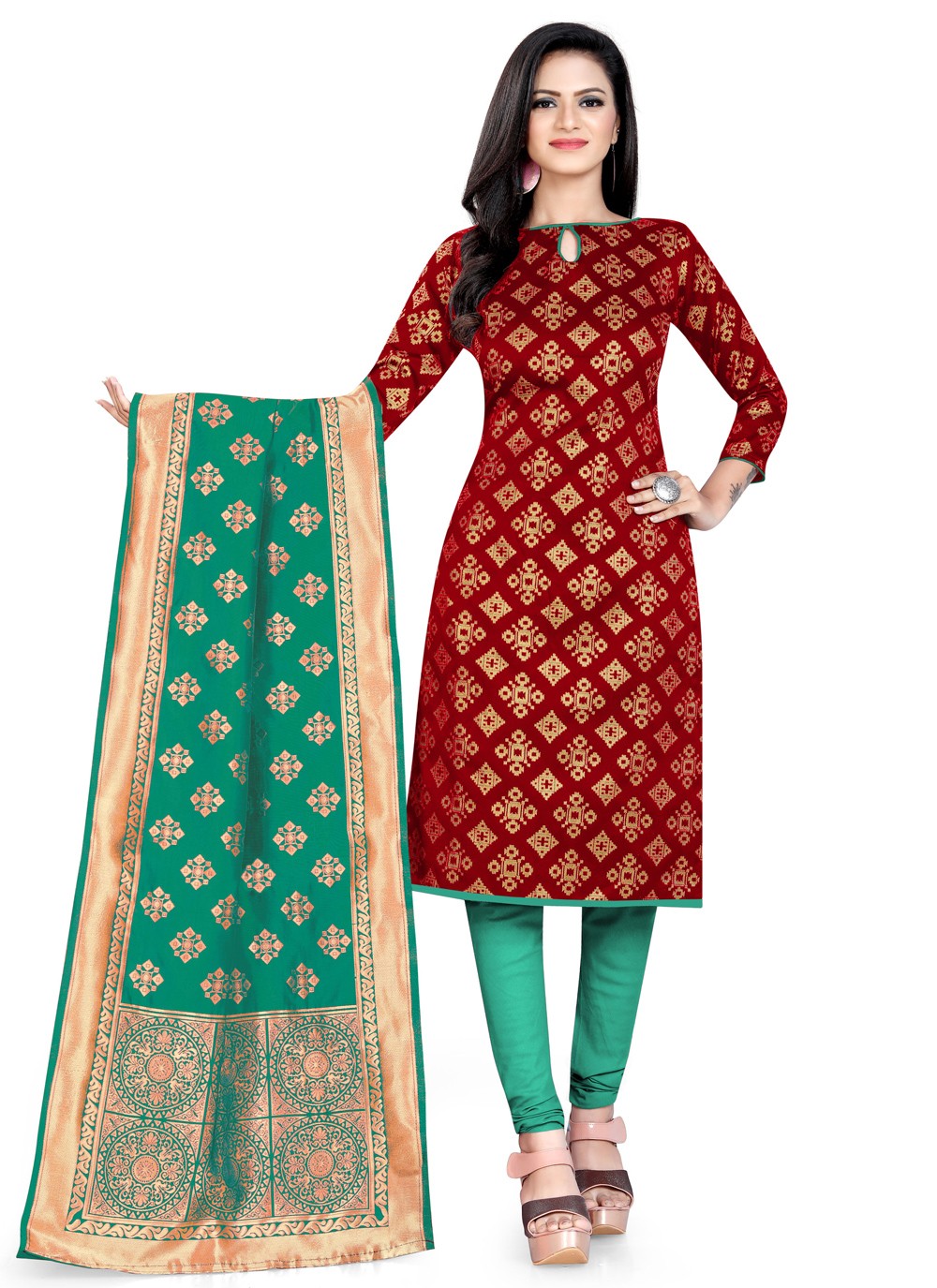 Banarasi Silk Maroon Weaving Churidar Suit