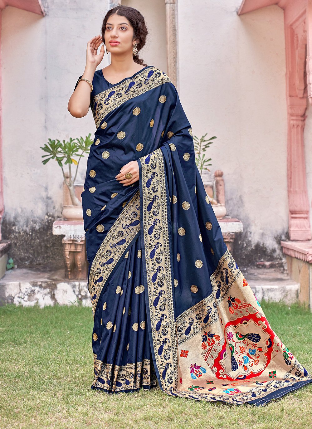 Banarasi Silk Navy Blue Weaving Designer Traditional Saree