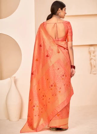 Banarasi Silk Peach Weaving Designer Traditional Saree