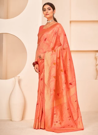 Banarasi Silk Peach Weaving Designer Traditional Saree