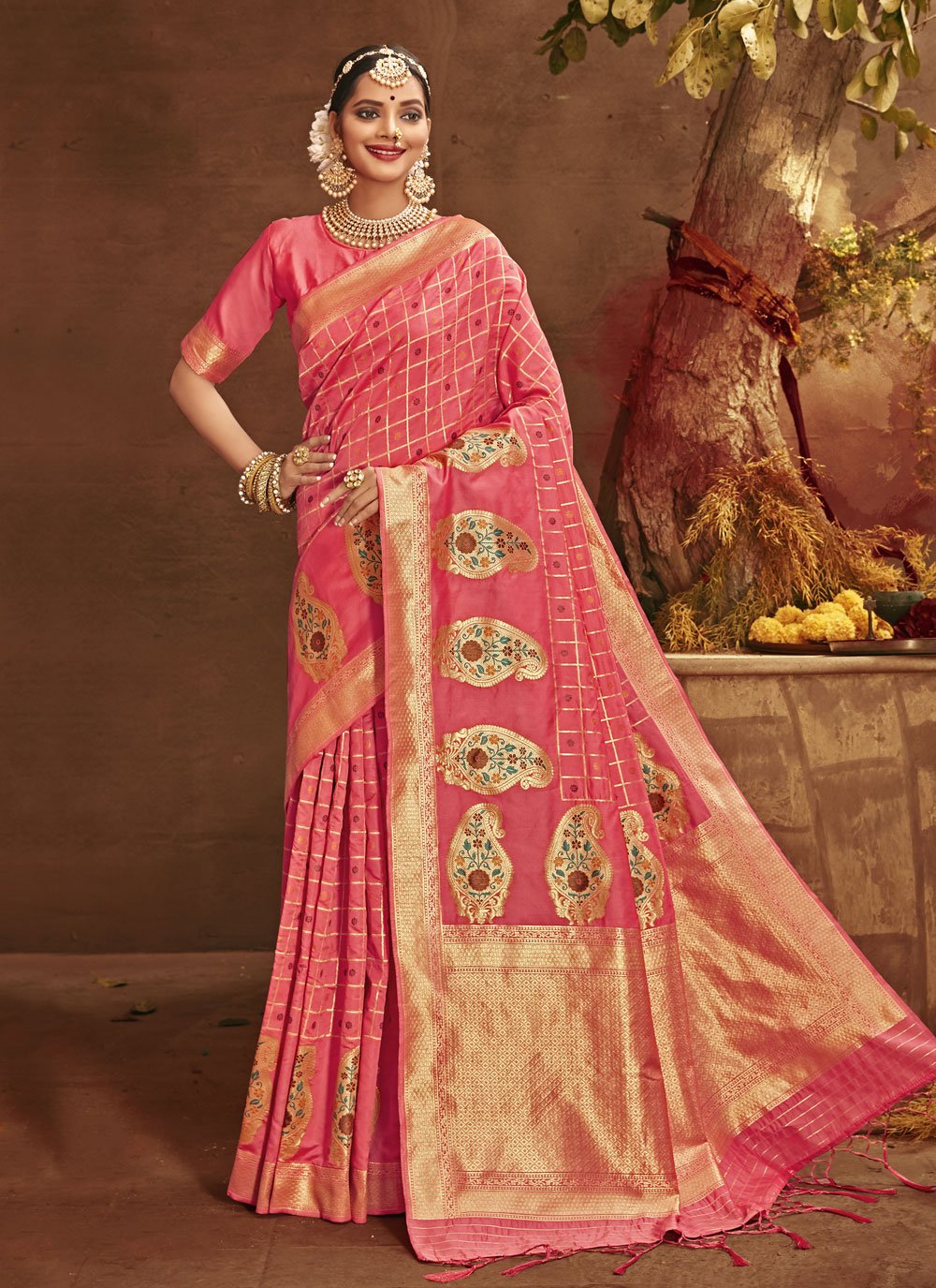 Stylesh Sari Designer Ethnic Silk Turquoise and Pink Banarasi Silk Saree Indian 