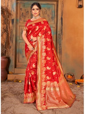 Banarasi Silk Red Weaving Classic Saree