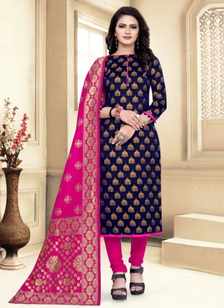 Banarasi Silk Weaving Churidar Salwar Suit in Navy Blue