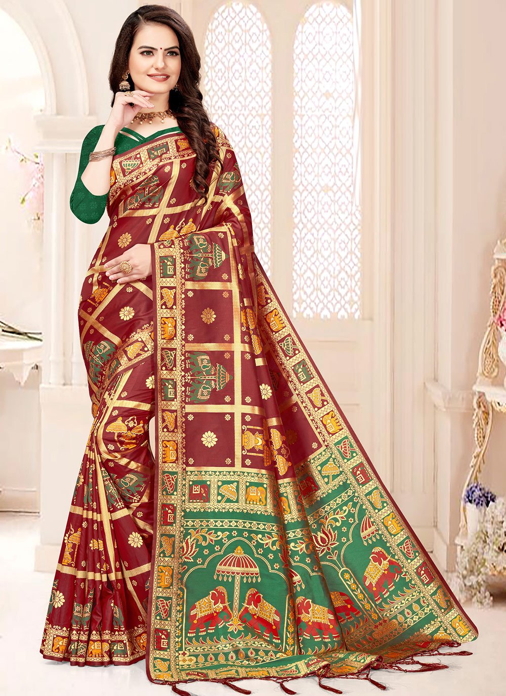 Banarasi Silk Weaving Maroon Designer Traditional Saree