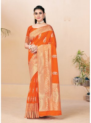 Banarasi Silk Weaving Orange Traditional Designer Saree