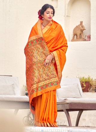 Banarasi Silk Weaving Orange Traditional Designer Saree
