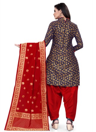 Banarasi Silk Weaving Punjabi Suit in Navy Blue