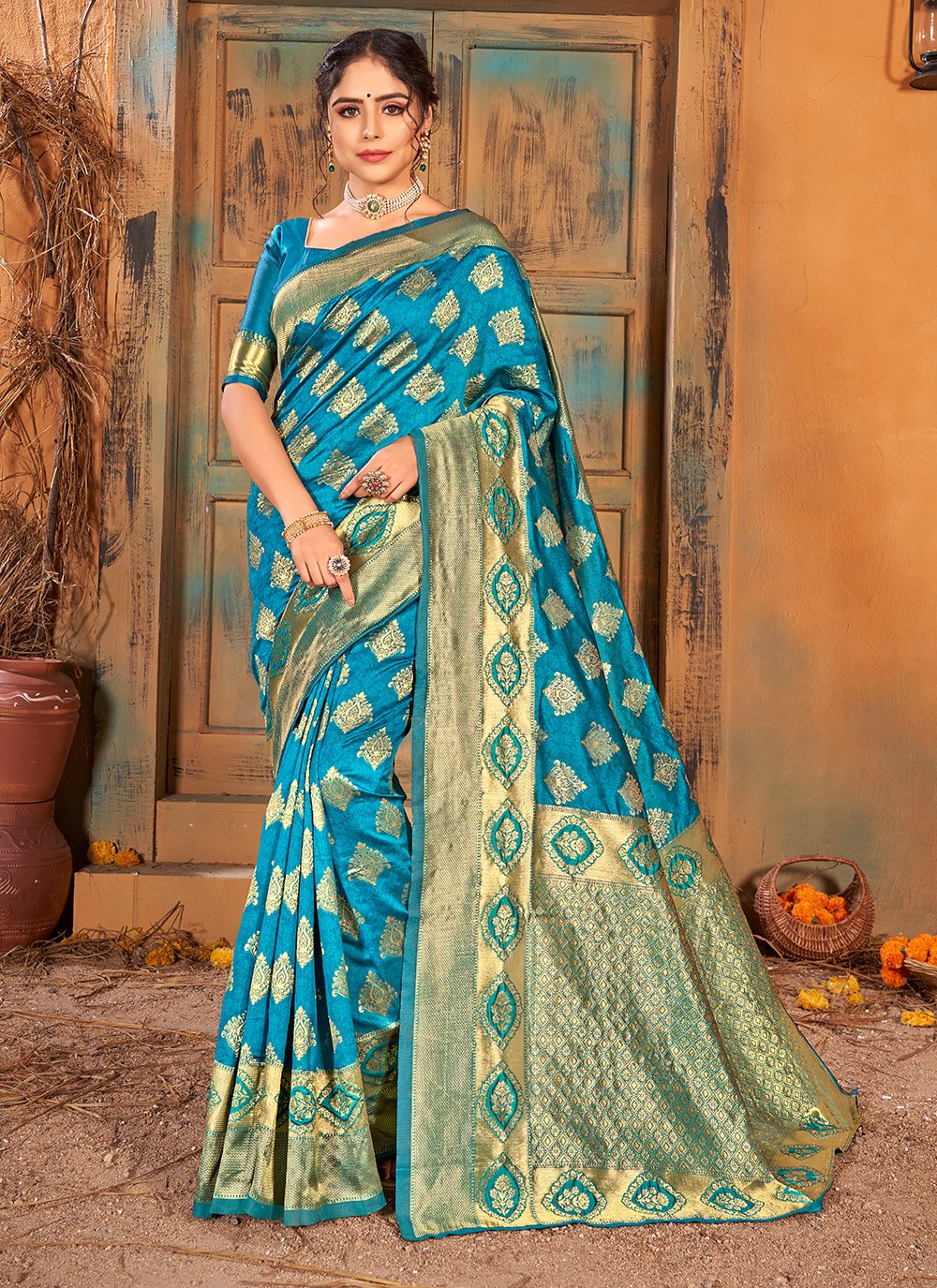 Banarasi Silk Weaving Turquoise Classic Saree