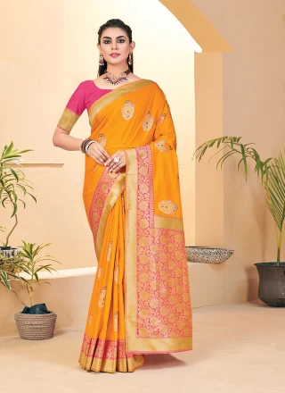 Banarasi Silk Weaving Yellow Traditional Designer Saree