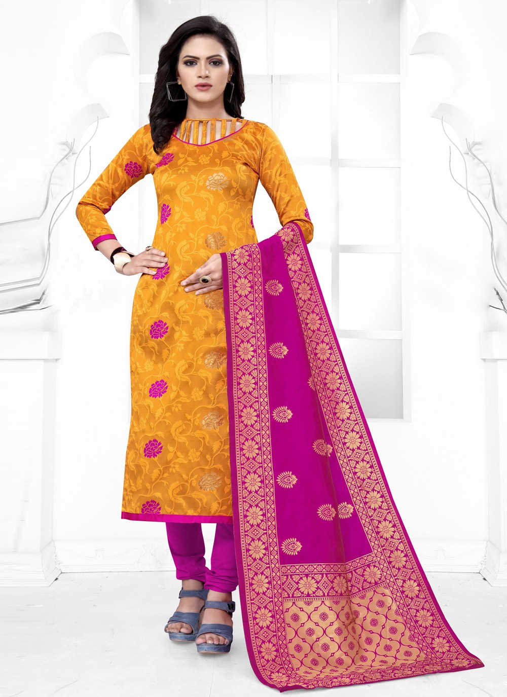 Banarasi Silk Yellow Weaving Churidar Salwar Suit