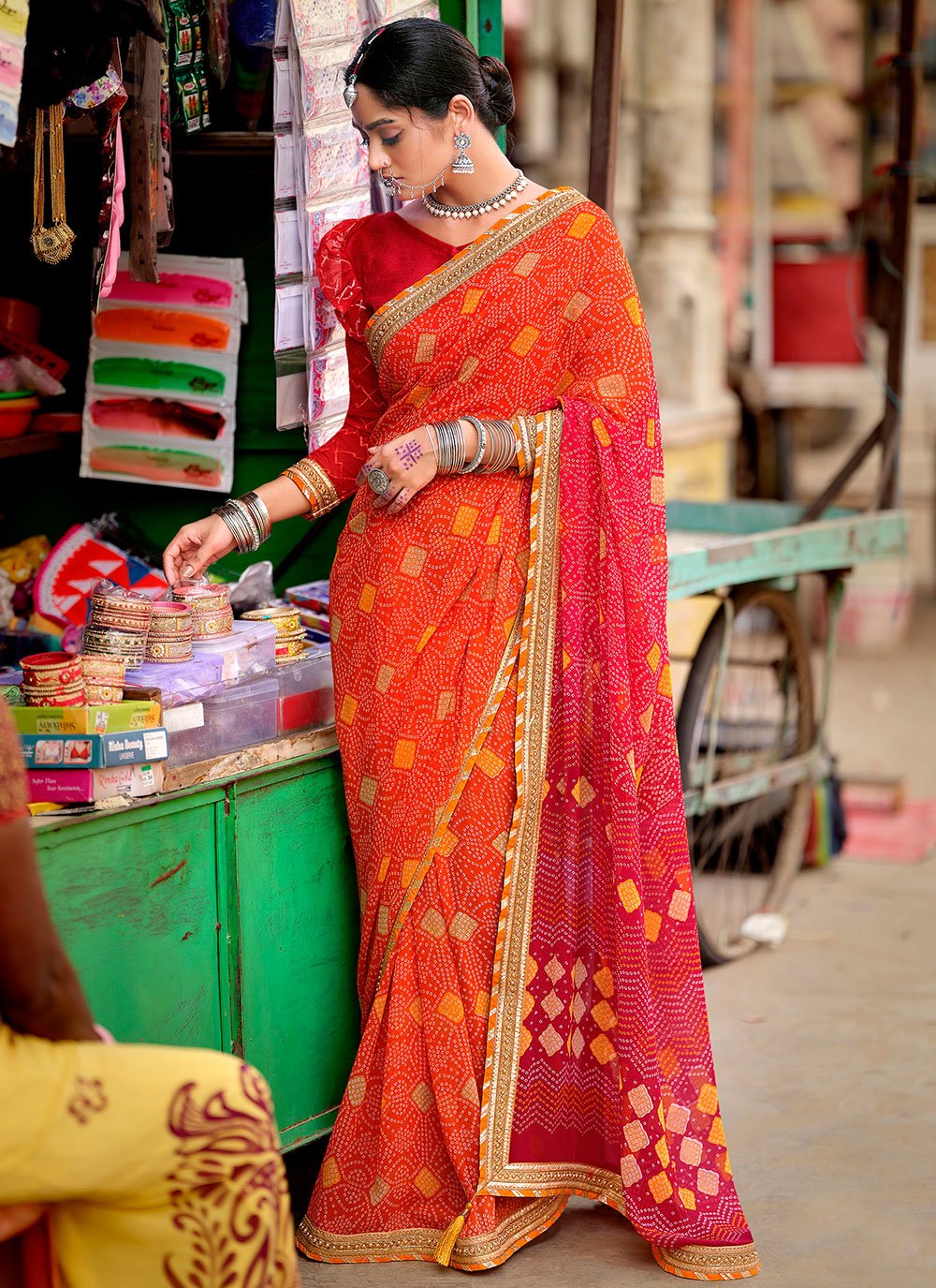 Vishal Prints Dark Green Bandhani Print Chiffon Saree With Foil Print