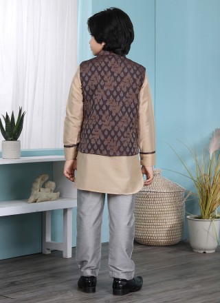 Beige and Brown Jacquard Work Work Cotton Silk Kurta Payjama With Jacket