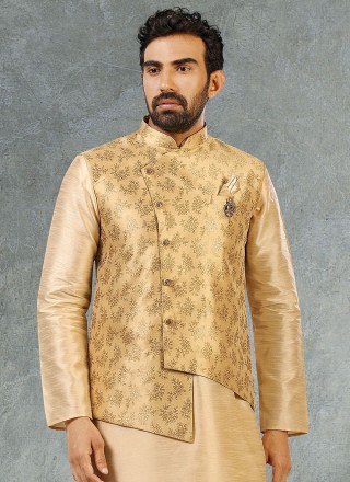 Beige and Gold Banarasi Silk Kurta Payjama With Jacket