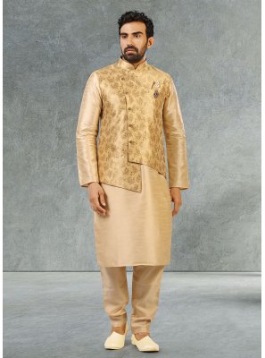 Beige and Gold Banarasi Silk Kurta Payjama With Jacket