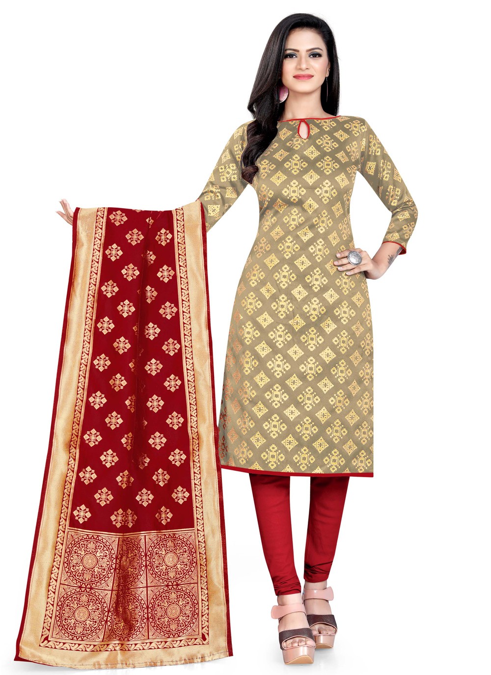 Beige Banarasi Silk Weaving Churidar Salwar Suit