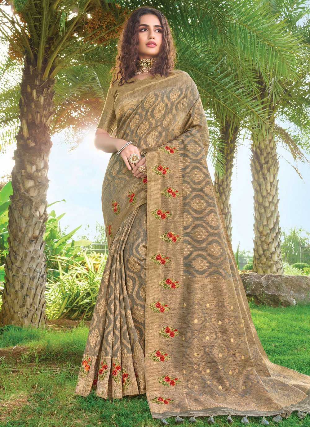 Beige Ceremonial Silk Designer Traditional Saree