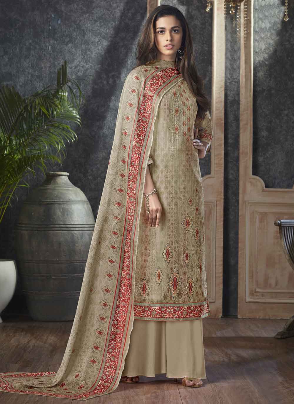 Buy Beige Cotton Designer Pakistani Suit Online 177067