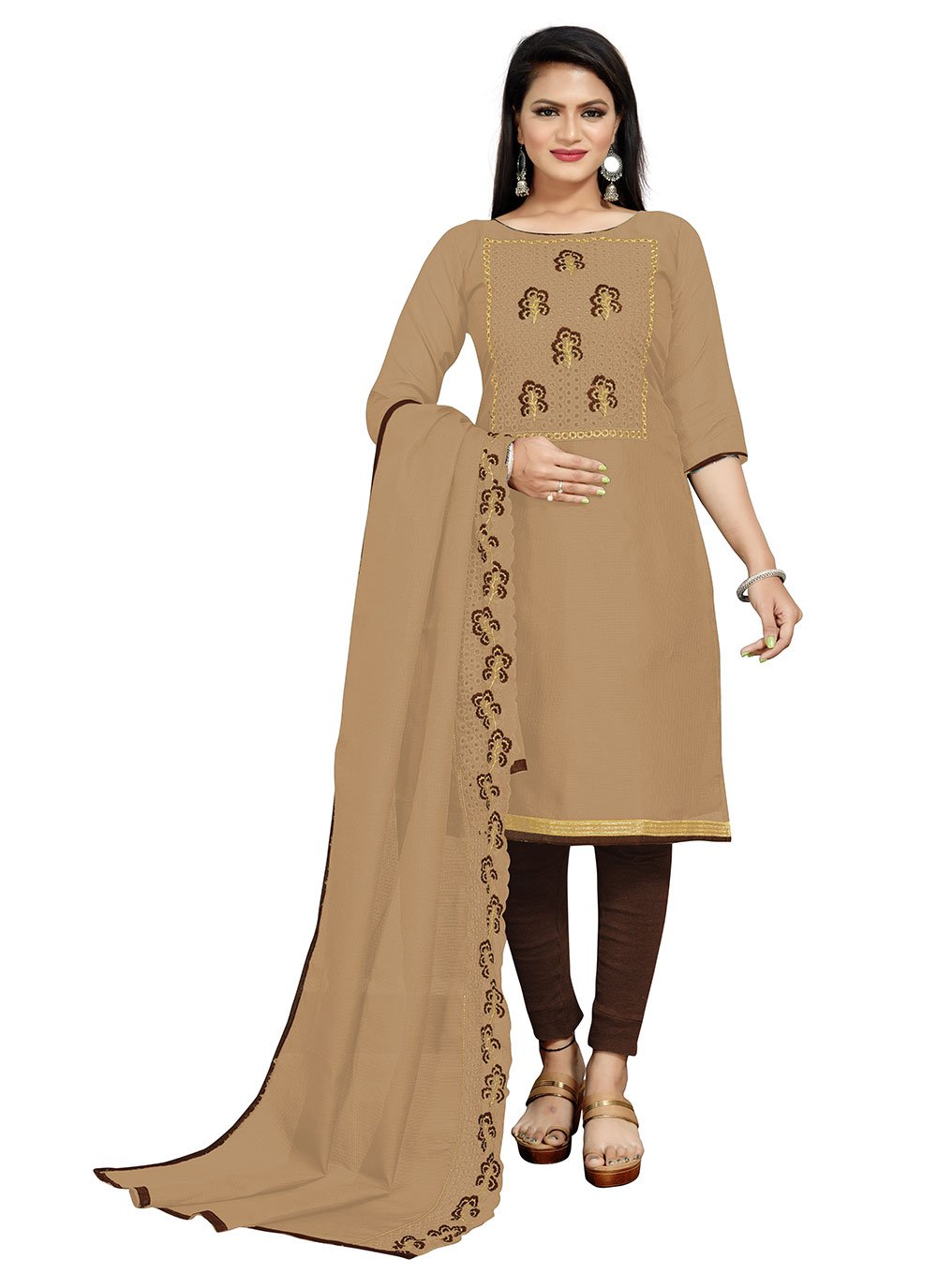 Beige Fancy Fabric Embroidered Churidar Salwar Suit