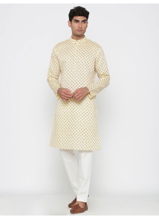Beige Print Cotton Satin Kurta Pyjama
