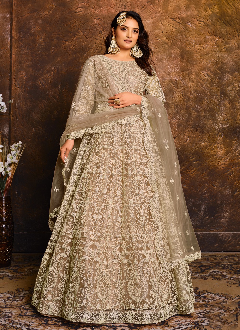 Net Wedding Wear Embroidered Anarkali Salwar Suit In Beige Color