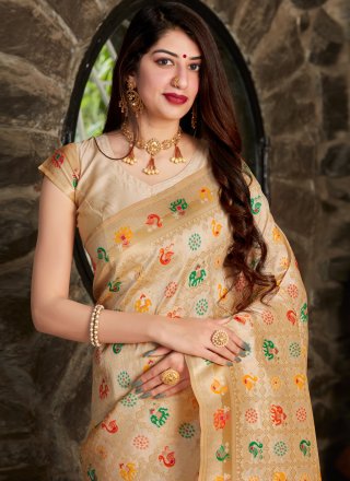 Beige Silk Weaving Traditional Designer Saree