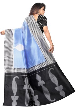 Black and Blue Abstract Print Silk Traditional Saree
