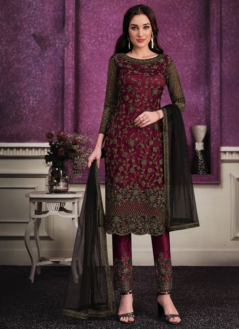 Black and Maroon Fancy Pant Style Suit