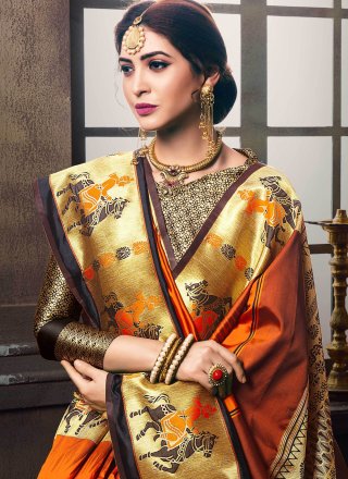 Black and Orange Poly Silk Designer Traditional Saree