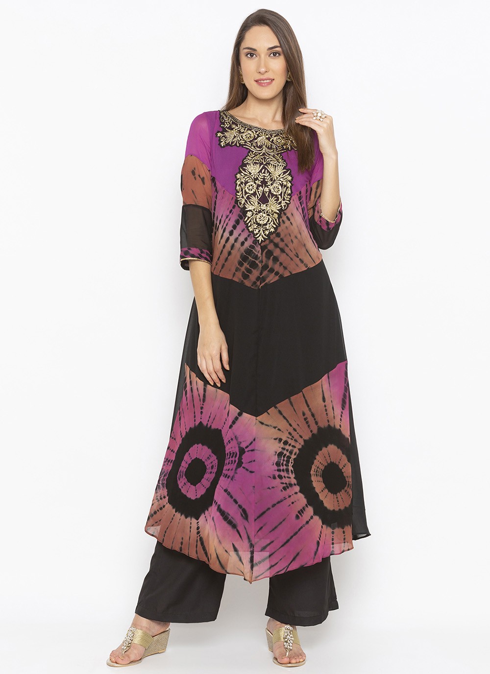 Black and Purple Embroidered Georgette Party Wear Kurti